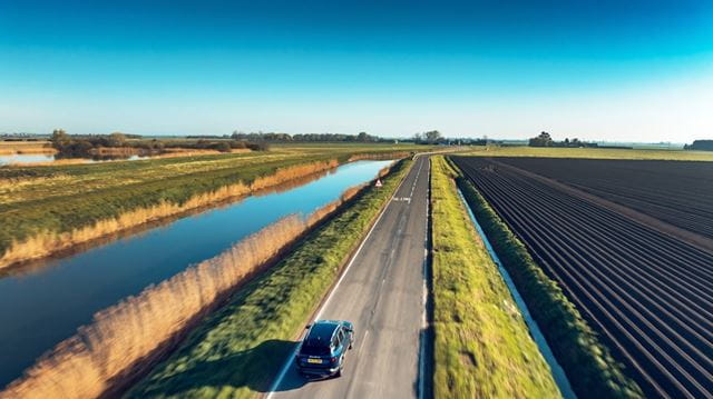 Aerial shot of Bigster SUV driving across flat East Anglia roads